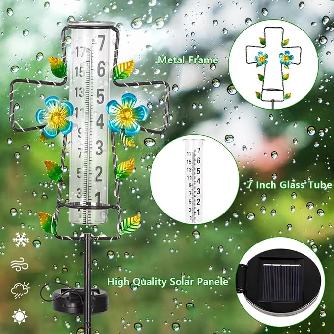 Solar Rain Gauge Outdoor with LED Lights,7” Glass Tube Rain Gauge Yard Decorative,Cross Rain Guage Freeze Proof for Garden Patio Lawn