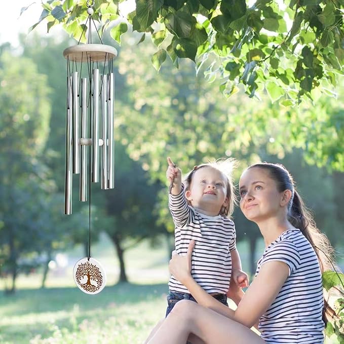 Wind Chimes Outdoors,33" WindChimes for Loss of Loved One,Memorial/Sympathy Gifts for Mother/Unisex/Father,Tree of Life Wind Chimes for Outside Zen Garden Home Yard Decoration (Silver)