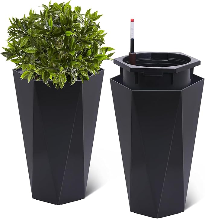 Set of 2 Tall Planters for Outdoor Plants, 22.5" Large Planter Pots with Drainage Holes & Water Level Monitor, Self-Watering Flower Pots for Patio, Porch, Garden, Front Door Decor, Indoor Outdoor