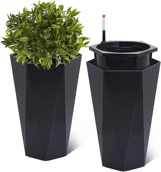 Set of 2 Tall Planters for Outdoor Plants, 22.5" Large Planter Pots with Drainage Holes & Water Level Monitor, Self-Watering Flower Pots for Patio, Porch, Garden, Front Door Decor, Indoor Outdoor