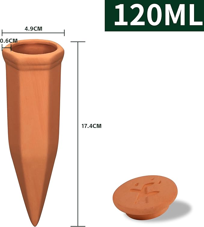 Large Terracotta Watering Spikes with Lids, Automatic Plant Waterer Outdoor | Indoor, Vacation Friendly Clay Plant Watering Devices System, Slow Release Self Watering Planter Insert, 8 Pack
