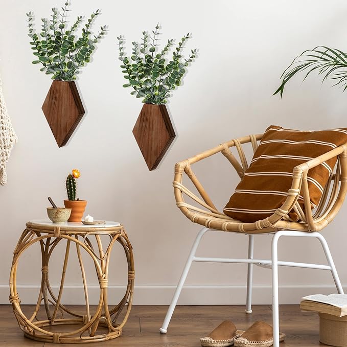 Chunful 2 Pcs Wooden Wall Planter Decor Hanging Fake Plants Greenery Flowers Holder Vase Boxes for Wall Bohemian Farmhouse Room Kitchen Office Indoor Decoration(Walnut Color,7.1 x 4.7 x 1.2 Inches)