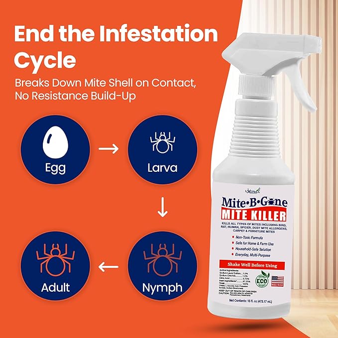 Mite Killer Spray by Mite-Be-Gone - 16oz | Naturally Kills Human Mites, Chicken, Bird, Dust, Spider, Rat, Turkey, Carpet Mites | Family & Pet Safe Treatment for Homes, Furniture, Bedding & Farms
