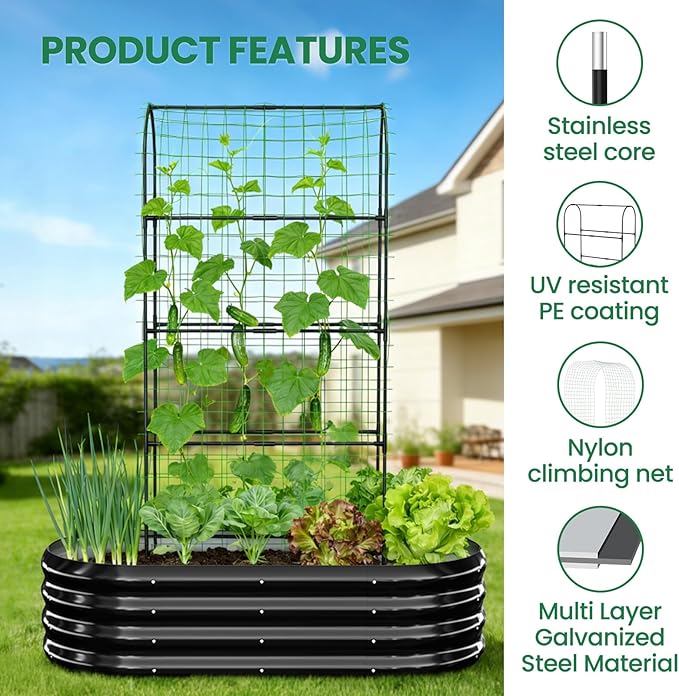 SUNYRISY Galvanized Raised Garden Bed with 71in Arch Trellis for Climbing Plants, Outdoor Planter Box with Climbing Net for Gardening Flowers Vegetables Fruits Herbs, Black