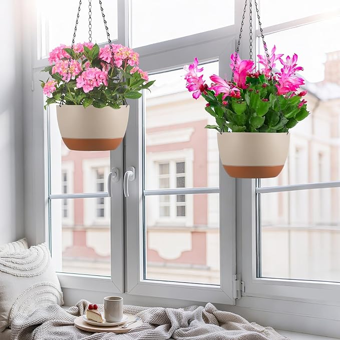 Set of 2 10 Inch Self Watering Hanging Planters for Indoor Outdoor Plants, Color Blocking Hanging Baskets Flower Pots with Drainage Hole & Removable Water-Storage Tray