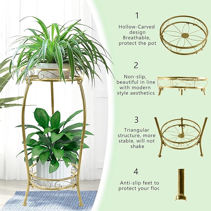 MOCORY Plant Stand Indoor Outdoor 2 Tier 27" Tall Metal Potted Holder Rack Flower Pot Stand Heavy Duty Plant Shelf Rustproof Iron Multiple Plant Round Supports Rack for Planter Corner Garden Balcony