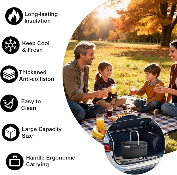 ALLCAMP Picnic Basket - 2 Ice Box Included 32L Insulated Cooler, Thickening Foldable Picnic Basket with Removable Baskets & Sewn-in Frame, Basket for House Warming Gifts New Home(Black)