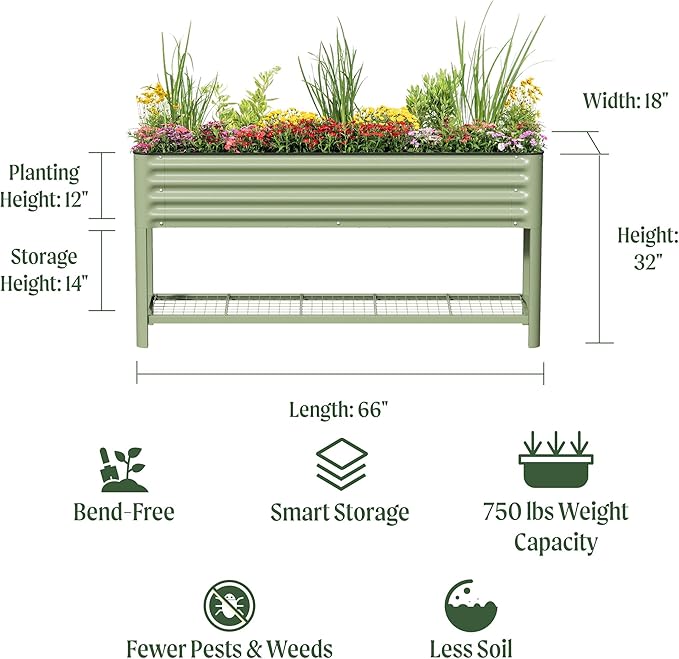 Elevated Raised Garden Bed- Slim Series, 1.5' x 5.5' Outdoor Planters Boxes with Legs & Storage Rack for Patio, 750 Lbs Weight Capacity, Raised Beds for Gardening Herbs Vegetables Flowers, Olive Green