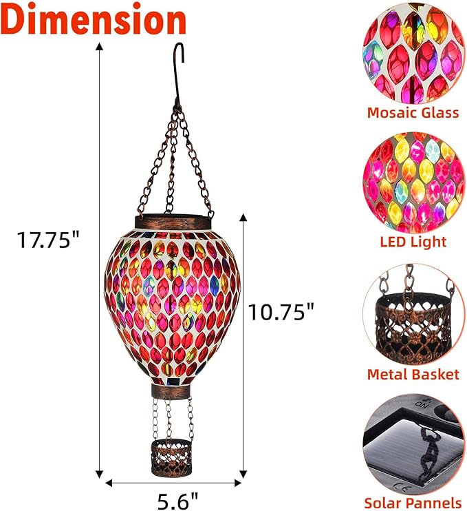 VOREEN Hot Air Balloon Solar Lantern, Mosaic Glass Hanging Solar Lights for Outside Garden & Patio, Waterproof Outdoor Decor, Handmade Art Glass Balloon (Red)