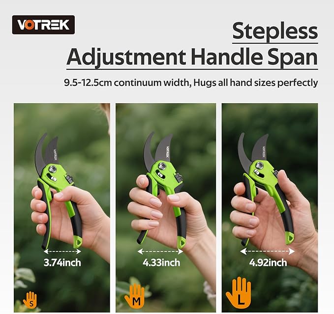 VOTREK Pruning Shears for Gardening, [Patented Stepless Handle Opening] - Garden Clippers with Ultra-Sharp SK5 Steel for Weak Hand, Universal Fit for All Hand Sizes, Effortlessly Cuts 1-Inch Branches
