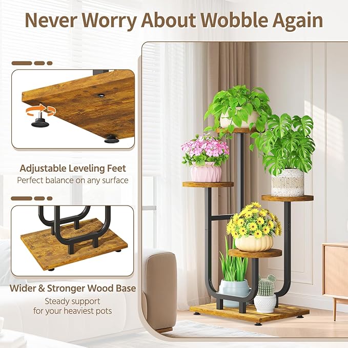 LASZOLA Black 4 Tier Tall Metal and Wood Plant Stand Indoor, Large Heavy Duty Planter Holder Rack for Vertical Corner, Sturdy Iron Spiral Multiple High Flower Organizer for Rustic Patio House Bathroom