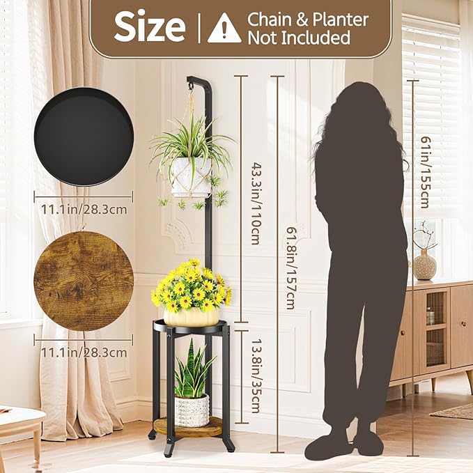 LASZOLA Black 2 Tier 61.5 Inch Tall Plant Stand Indoor with Hanging Ring, Large Heavy Duty Metal Vertical Corner Rack for Multiple Planter, Sturdy Rustic Flower Shelf Holder Organizer for House Patio