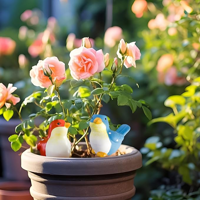 FirstGift 4 Pack Plant Self-Watering Stakes Terracotta Automatic Plant Waterer Devices Watering Globes Self-Watering Clay Planters Devices Perfect for Vacation Garden Plant Care （Blue/Red Bird）