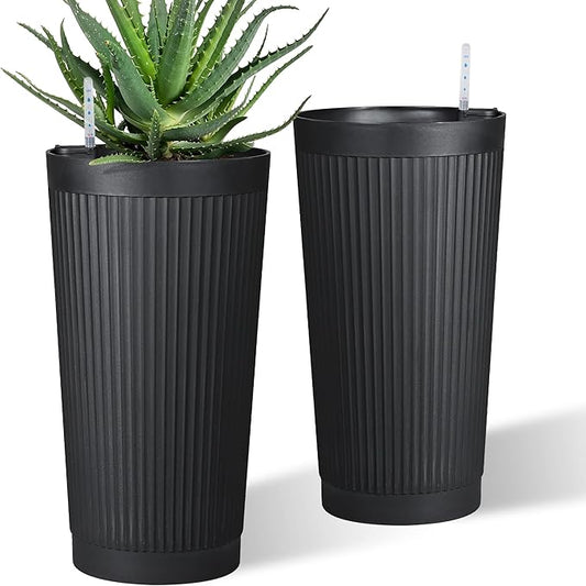 Set of 2 Tall Self-Watering Planters, 24" Large Planters with Water Level Indicator for Indoor & Outdoor Plants, Modern Planters for Garden, Patio, Balcony, Porch, Black