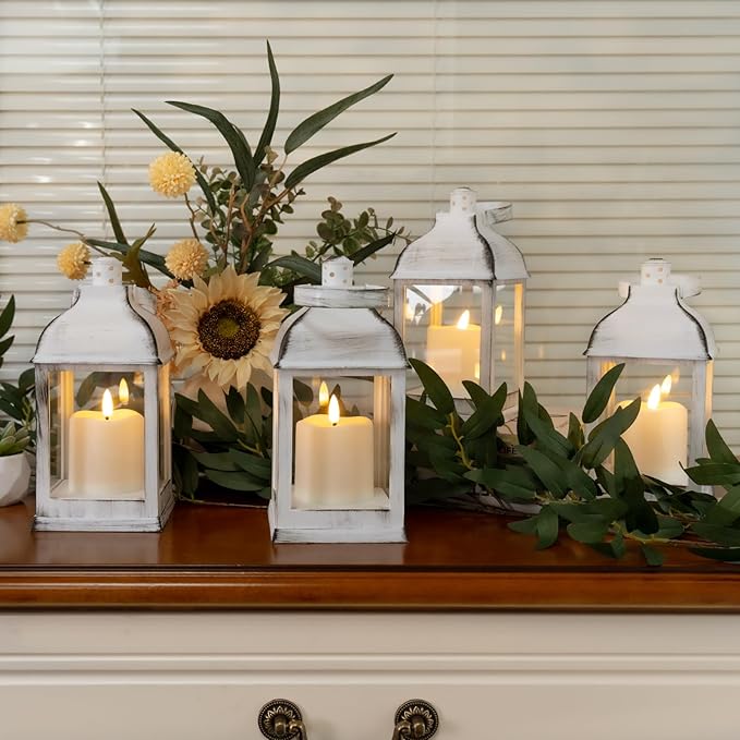 Yongmao White Vintage Lantern Decorative LED Flickering Flameless Candle with Timer, Battery Powered LED Decorative Hanging Lanterns for Indoor Outdoor Wedding Garden Yard Home Decor(4 Pack)