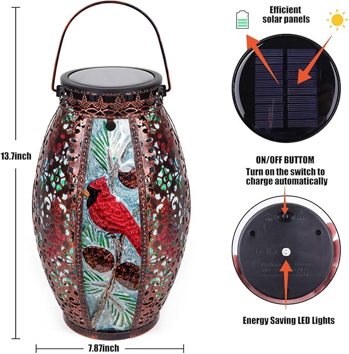 Solar Lanterns Outdoor Hanging Light Cardinal LED Glass Light Waterproof Hollowed-Out Metal Decor Garden,Yard,Patio,Gifts,Table,Pathway,Holiday for Women Mom