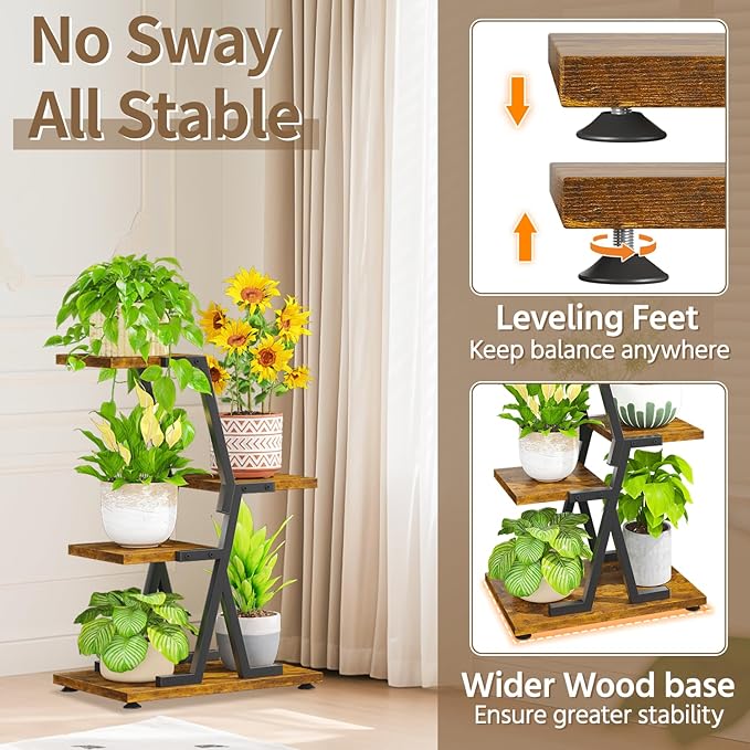 LASZOLA 3 Tier Tall Wood and Metal Plant Stand Indoor for Heavy Duty Planter, Large Multi Level Vertical Flower Shelf for Narrow Corner, Sturdy Rustic Rack Holder for House Patio, Space Saving, Black