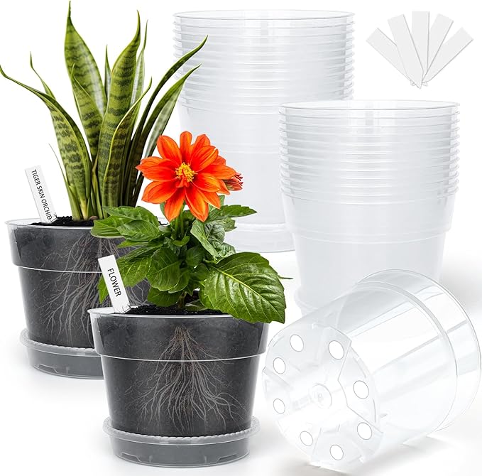 BTPLASTIK Clear Plastic Nursery Pots for Plants, 6 Inch Transparent Plant Pot with Drainage Holes, Flower Pots with Saucers, Seed Starter Pots with 15 Pcs Plant Labels, Gardening Gifts