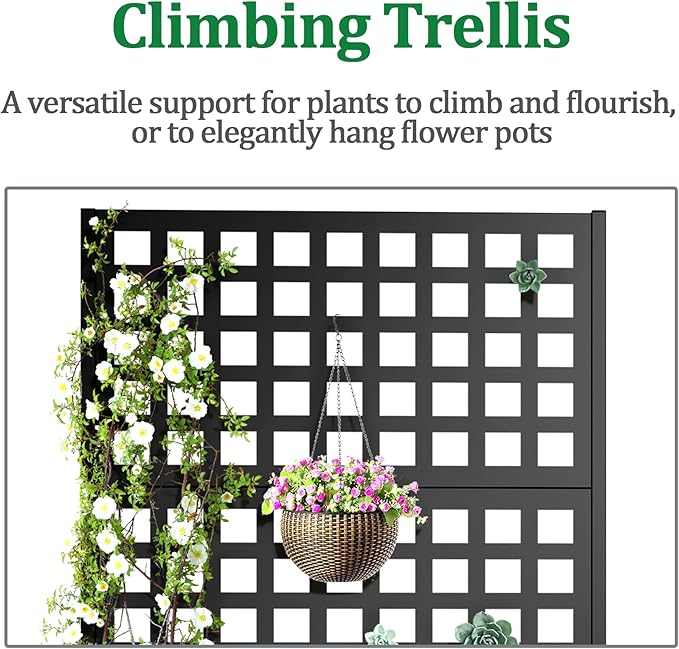 Metal Raised Garden Bed with Trellis, 2 in 1 Trellis with Planter Box & Privacy Screen for Climbing Plants, Vine, Outdoor Standing Flower Beds with Drainage Holes, 35.4" L x 16.7" W x 70.8" H, Black