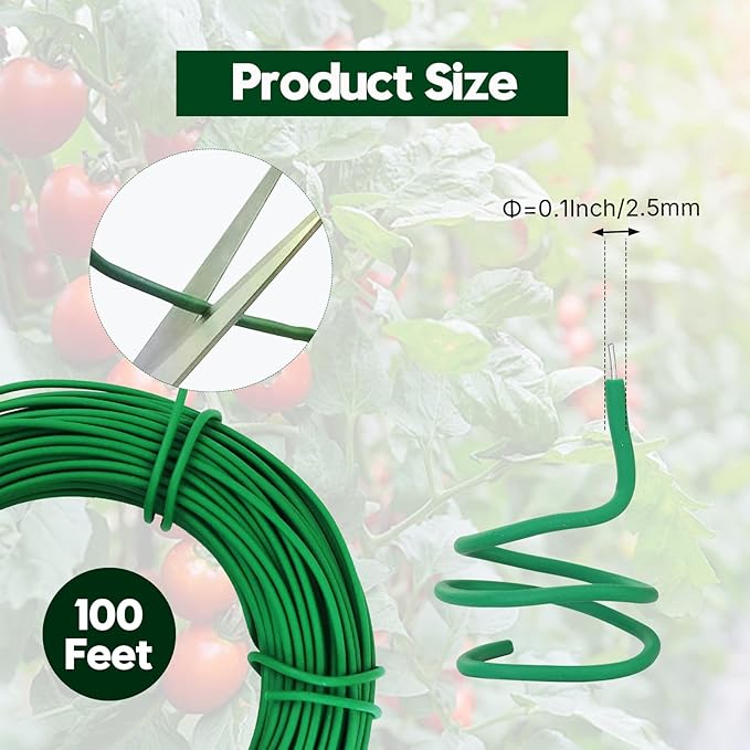 NanWantee 100 Feet Green Soft Plant Tie - 2.5mm Flexible Twist Garden Wire for Climbing Plants, Tomatoes, Bonsai & Office/Home Organizing