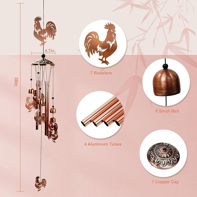 ArtCredit Copper Tone Animal Wind Chimes for Outdoors/Indoors - Rooster Designs - Garden, Patio, Yard, Home Decor, for Women, Men, Mom, Birthday, Memorial, Housewarming (Rooster)