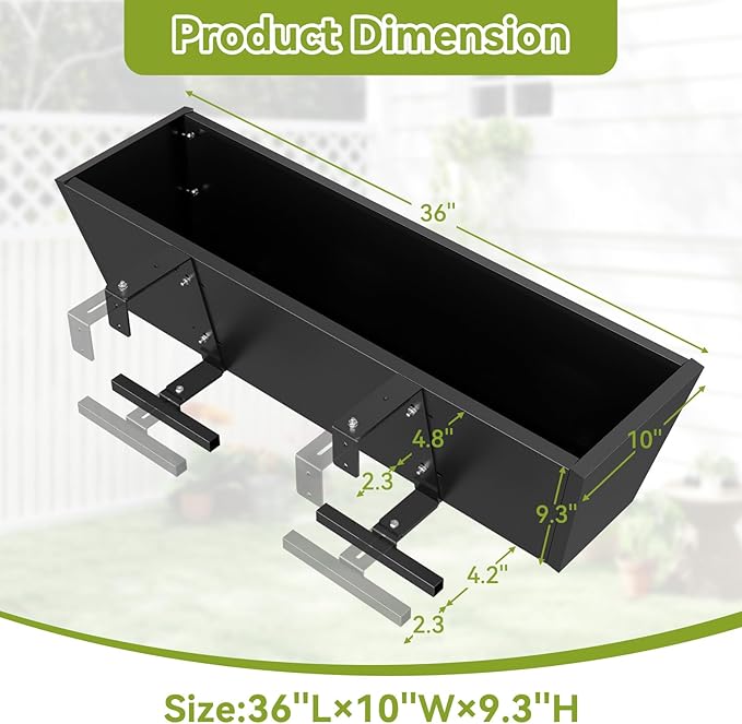 Railing Planter Box - Heavy Duty Window Boxes, 36” Deck Railing Planter Boxes with Adjustable Bracket, Deck Planters for Railing Outdoor Fence (2 Packs)