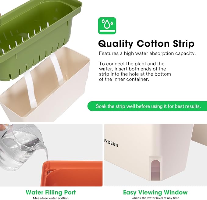 VIVOSUN Self-Watering Planters, 4-Pack 10.5 Inch Compact Rectangular Window Herb Planter Box with 10 PCS Plant Labels, Plant Container for Basil, Flowers, Succulents, Indoor & Outdoor