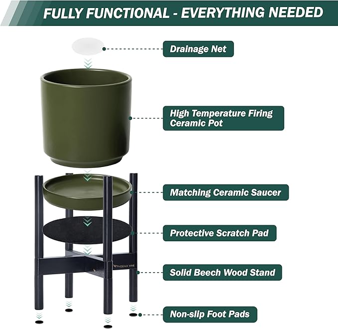 D'vine Dev Ceramic Planter with Ebony Stand - 14 Inch Modern Round Flower Pot with Wood Planter Holder, Olive, 55-B-S-J