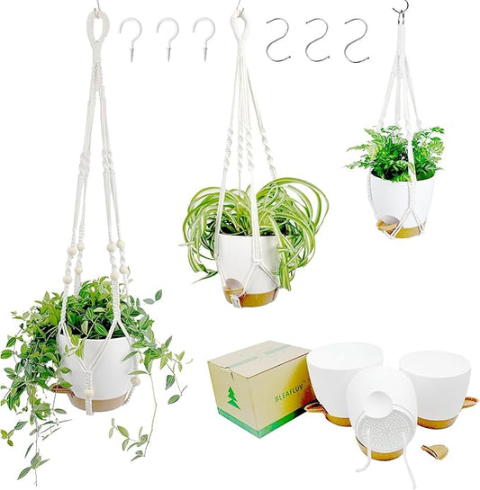 Hanging Planters with Macrame Plant Hangers for Indoor Outdoor Plants,3 Set Hanging Baskets Flower Pots Holders 35‘’/27‘’/21‘’,Self-Watering Pots 7‘’/6‘’/5.5‘’,Boho Home Decor (White)