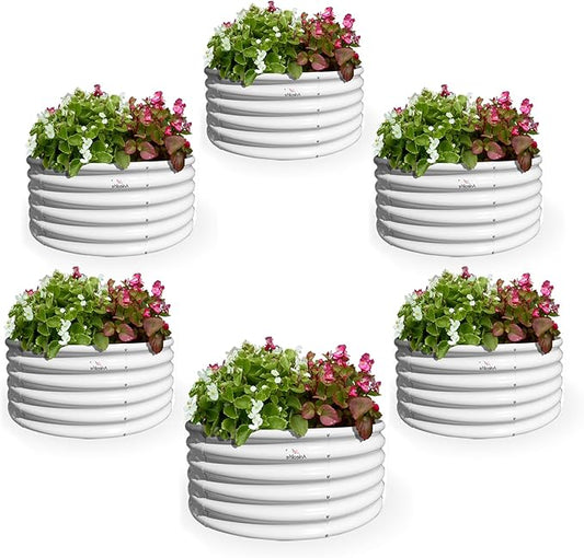 A ANLEOLIFE 6-Packs 4ft x 18” Tall Round Galvanized Raised Garden Beds Outdoor for Planting Vegetables Flowers Herb, Antique White