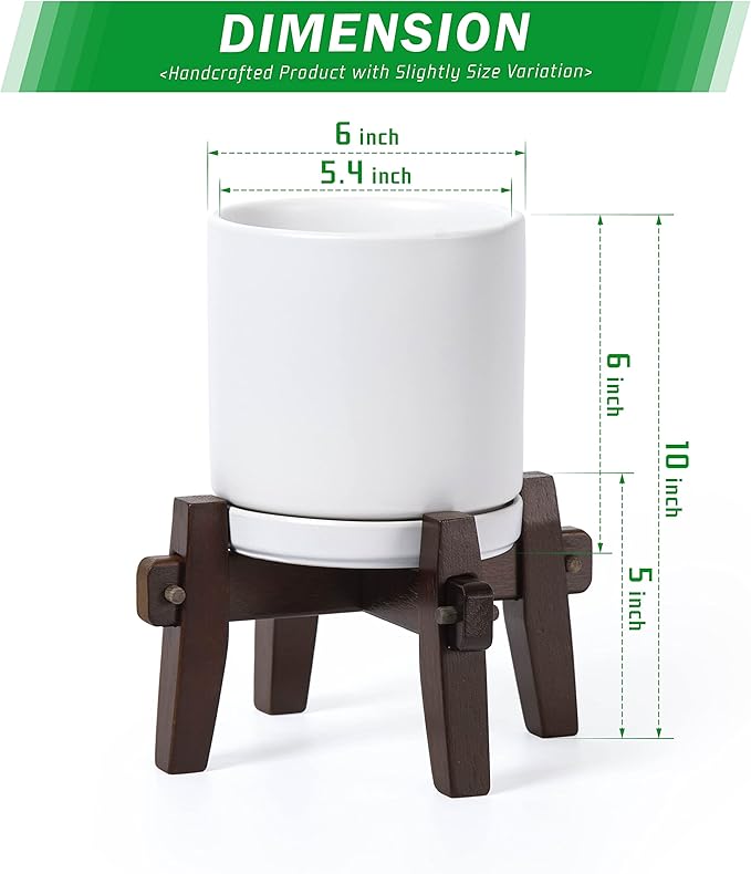 D'vine Dev Ceramic Planter with Wood Stand - 6 Inch Mid Century Modern Cylinder Plant Pot Set for Indoor Plants & Flowers, White, 55-A-Z-1
