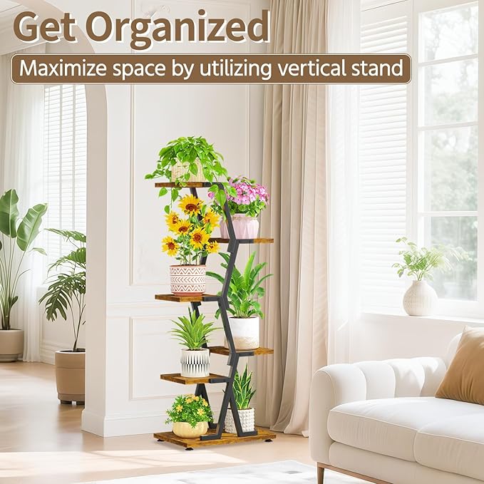 LASZOLA 5 Tier Tall Wood and Metal Plant Stand Indoor for Heavy Duty Planter, Large Multi Level Vertical Flower Shelf for Narrow Corner, Sturdy Rustic Rack Holder for House Patio, Space Saving, Black