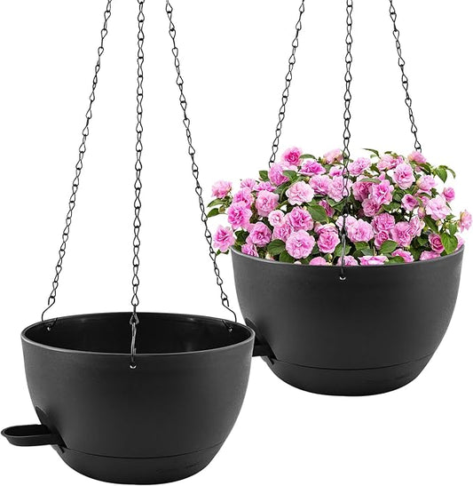 12 inch Hanging Planters for Indoor Plants, 2 Pack Self-Watering Hanging Planter Pots with Chain and Drainage Holes, Outdoor Plastic Hanging Baskets for Garden Home Decor (Black, 2pcs/12inch)