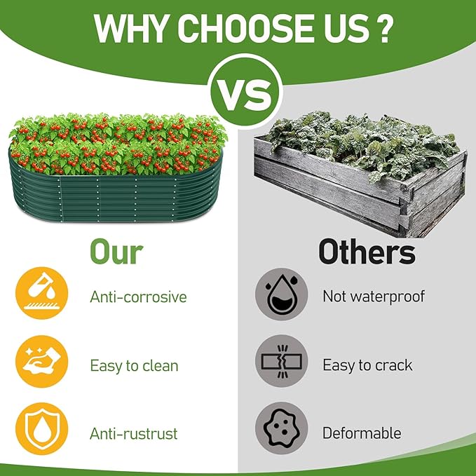 VINGLI 8x4x2ft Galvanized Raised Garden Beds, Oval Planter Boxes Outdoor, Raised Garden Bed for Gardening, Easy Assembly Planter Boxes for Vegetables (Green)