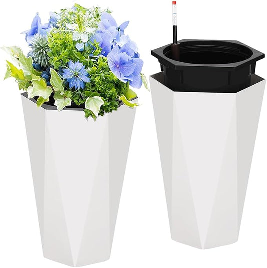 Set of 2 Tall Planters for Outdoor Plants, 22.5" Large Planter Pots with Drainage Holes & Water Level Monitor, Self-Watering Flower Pots for Patio, Porch, Garden, Front Door Decor, Indoor Outdoor