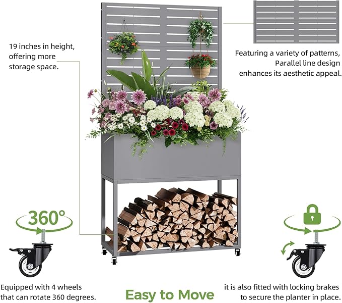 Metal Planter Box with Trellis, 3 in 1 Raised Garden Bed with Trelli & Firewood Rack, Privacy Planter Screen for Climbing Plants, Vine, Outdoor Garden Standing Beds with Drainage Holes, Wheels,Grey