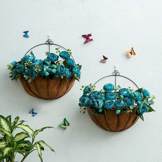 NUPTIO 2 Pcs 14 Inch Hanging Planters for Indoor Wall Planter Pots with Coconut Liners Wire Large Garden Artificial Faux Flowers Basket for Summer Outdoor Outside Fence Decoration