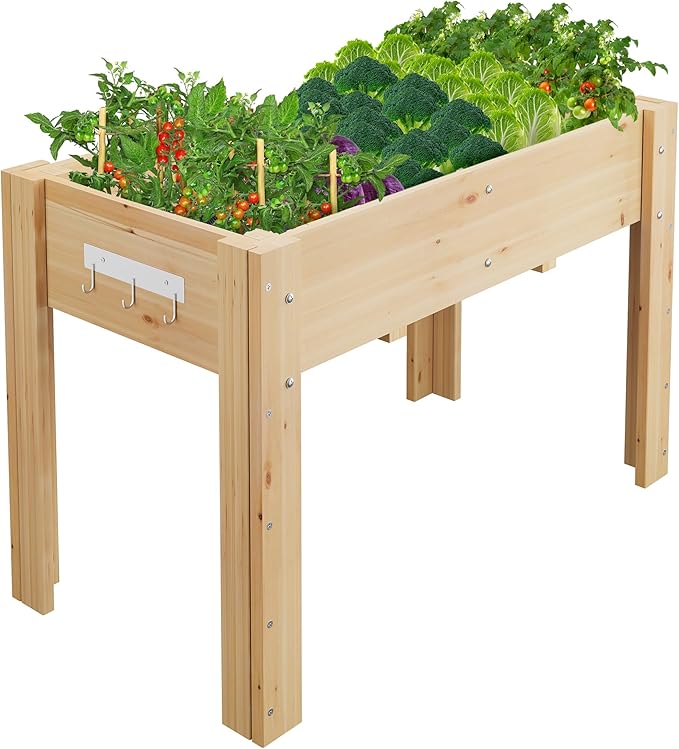 GarveeLife 47x30x22 Inch Raised Garden Bed with Legs & Hooks – Elevated Wood Planter Box Stand (4x2.5x1.8 Ft) for Vegetables & Herbs – Outdoor Patio & Backyard Planter with Non-Woven Liner