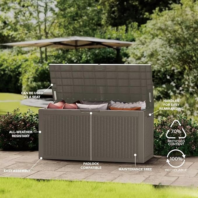 100 Gallon Lockable Resin Outdoor Storage Box, Waterproof & Weather Resistant Deck Box for Patio Cushion, Garden Tools & Pool Accessories, Grey