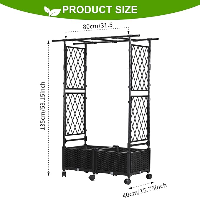 Lalahoni Planter with Trellis, 4.5ft Trellis Planter Self-watering Box with Wheels for Outdoor Plants Tomato Flower Vegetable Herb Vine Garden Patio, Plastic Raised Bed Trellis with Drainage Hole, 1PC