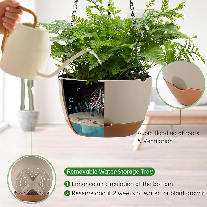 Set of 2 8 Inch Self Watering Hanging Planters for Indoor Outdoor Plants, Color Blocking Hanging Baskets Flower Pots with Drainage Hole & Removable Water-Storage Tray