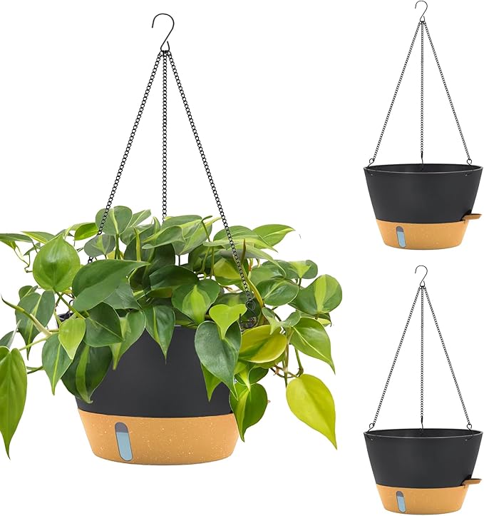 ZMTECH 12 Inch Hanging Planters for Indoor, 3 Pack Large Hanging Plant Pot with Visible Water Level and Chain, Self Watering Hanging Flower Pot for Outdoor Garden Porch(Dark Gray)