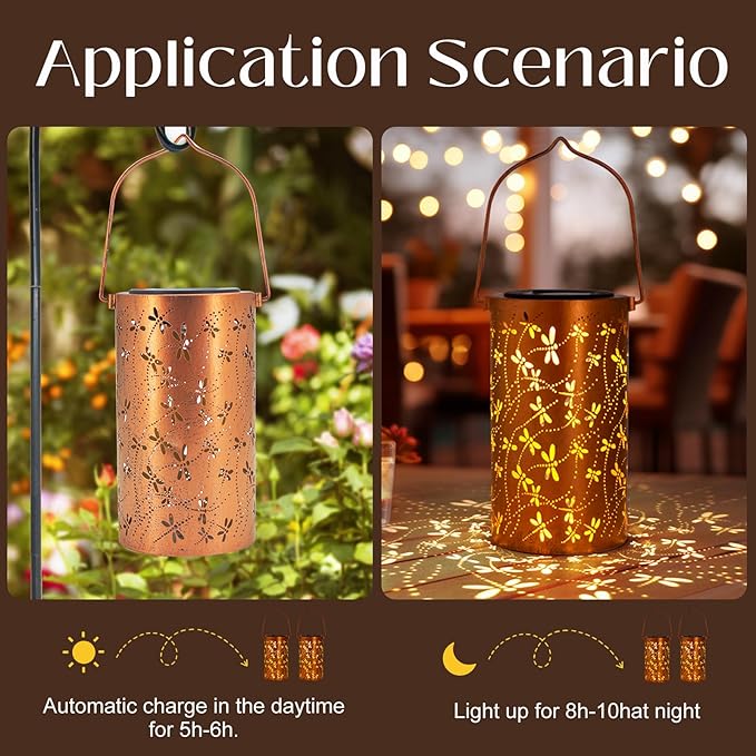Birthday Gifts for Women Mom Grandma Ladies Solar Lanterns Outdoor Hanging Dragonfly Hollowed-Out Metal Waterproof LED Garden Decor Outside for Patio Yard Porch