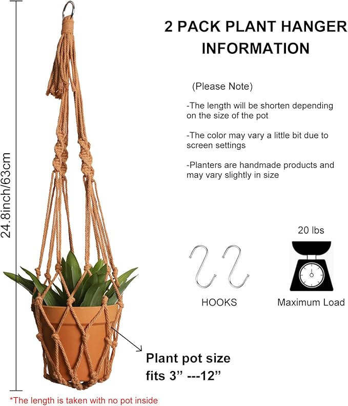 Artilady Macrame Hanging Planter for Indoor Plants, Boho Woven Plant Hanger Large Hanging Flower Pot Holders Outdoor Baskets Storage No Tassels Brown Wall Decor