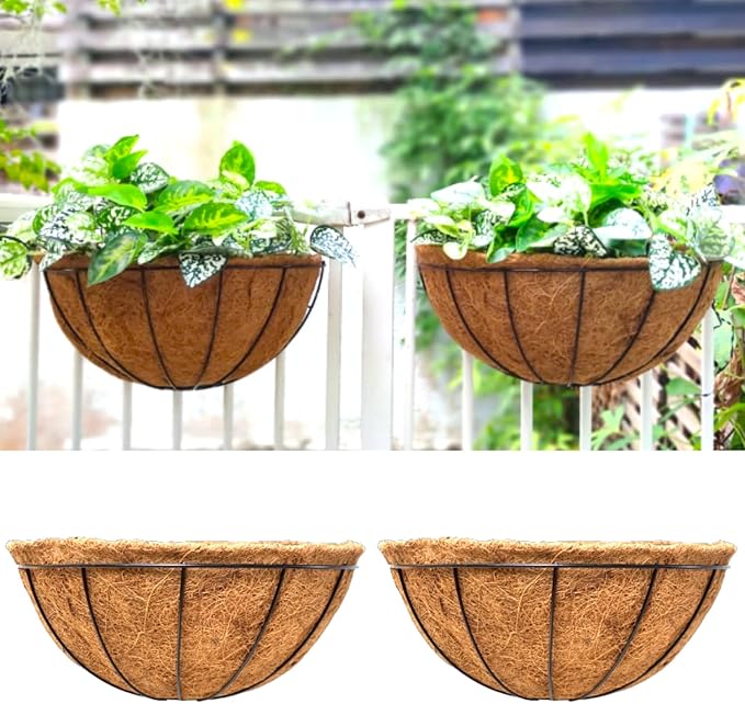 Maxona Wall Hanging Baskets,16 Inch 2 Pack Flower Planters for Outdoor Plants Wall Mounted with Coco Liner, Metal Iron Wire Holder for Window Herb Railing Fence Deck Balcony Porch Garden
