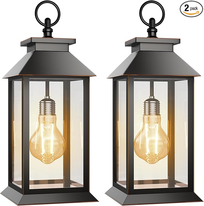2 Pack Hanging Solar Lanterns Glass Solar Lights Outdoor Waterproof Upgraded Solar and AAA Battery Powered, for Outside Porch, Patio and Indoor Tables, Mantelpiece