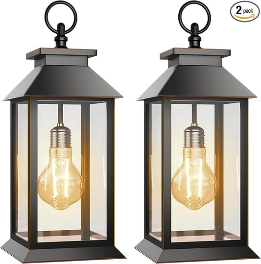2 Pack Hanging Solar Lanterns Glass Solar Lights Outdoor Waterproof Upgraded Solar and AAA Battery Powered, for Outside Porch, Patio and Indoor Tables, Mantelpiece