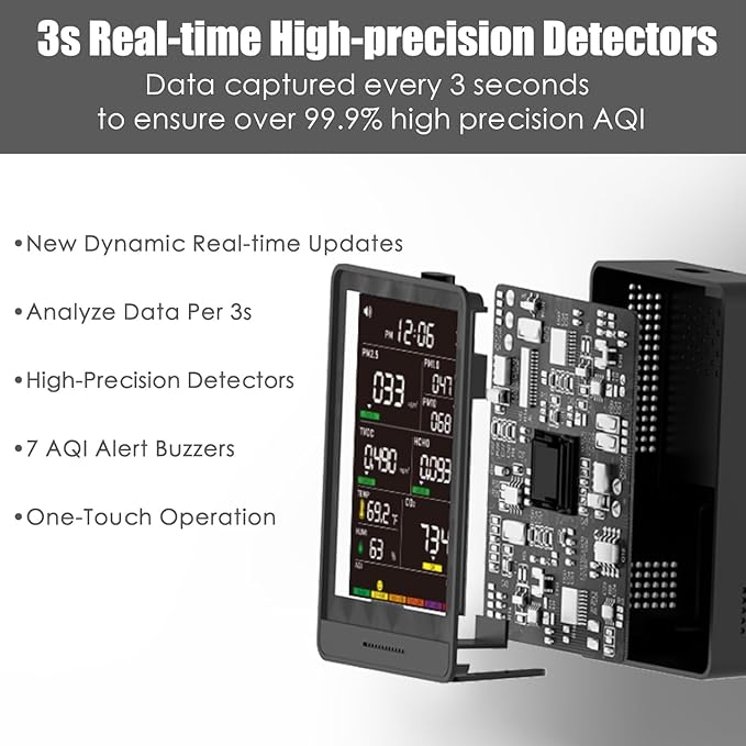 Professional Indoor Air Quality Monitor with AQI, Portable Real-Time Detector for Home Cars Plants and Pets (Black)