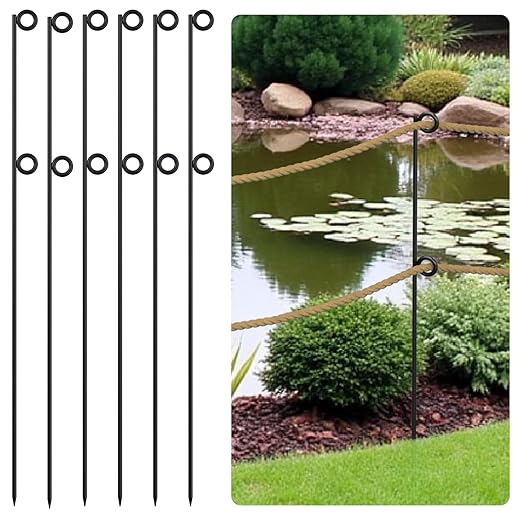6 Packs 42" Tall Metal Rope Stakes with Pointed Ends Black Powder-Coated Garden Border Poles for Rope ≤3.5" Fencing Around Flower BedsTrees Paths Walkways