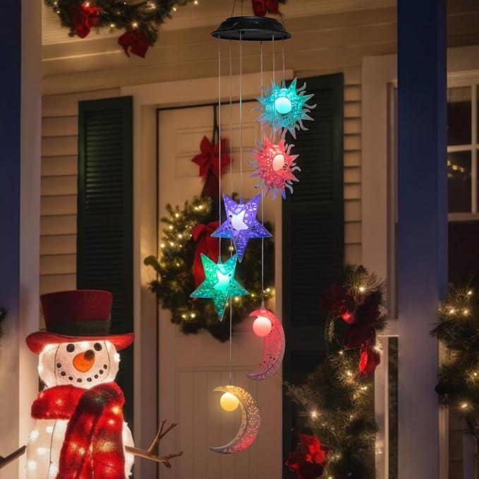 Tryme Solar Wind Chimes with Sun Moon Star Color Changing Windchimes, Outdoor Hanging Lights, Garden Decor Gifts for Mom, Grandma, Wife, Neighbors